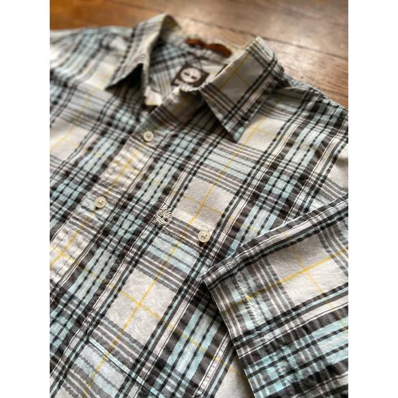 TIMBERLAND Textured Brown/Blue Plaid Button Down Shirt sz M - Picture 1 of 10